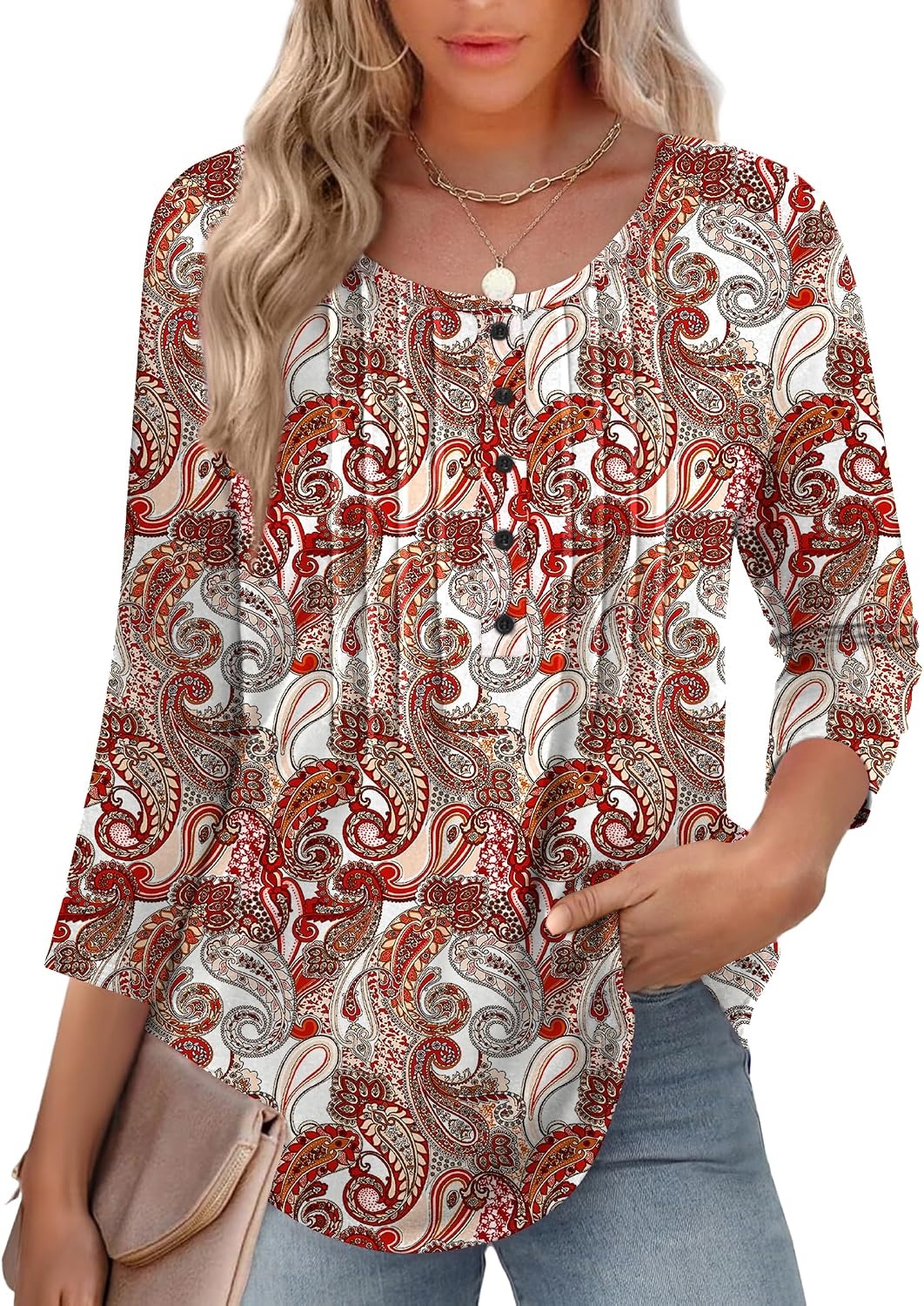 image:imageZeagoo 34 Length Sleeve Womens Tops Round Neck Casual Summer Tunic Tops Basic Tees Blouses Dressy TShirts Pleated ShirtsMz3