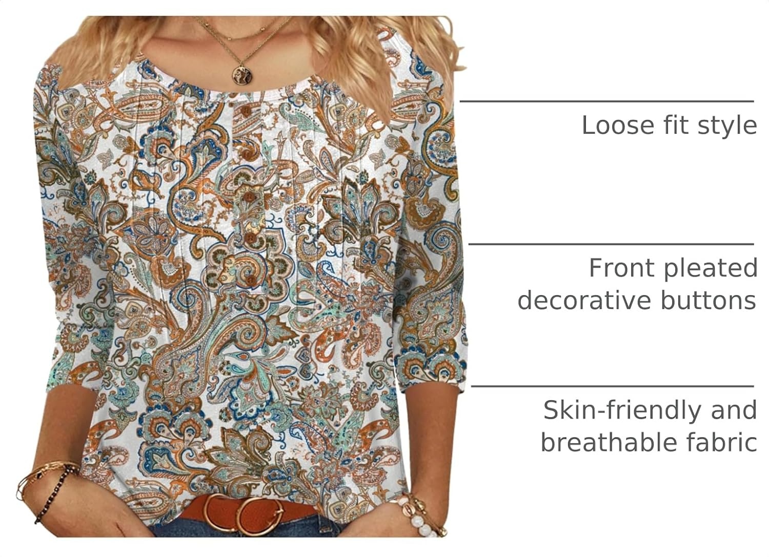 image:imageZeagoo 34 Length Sleeve Womens Tops Round Neck Casual Summer Tunic Tops Basic Tees Blouses Dressy TShirts Pleated ShirtsMz453