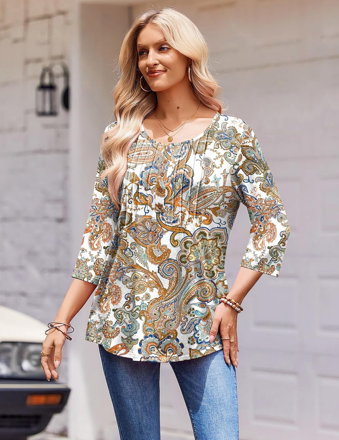image:imageZeagoo 34 Length Sleeve Womens Tops Round Neck Casual Summer Tunic Tops Basic Tees Blouses Dressy TShirts Pleated ShirtsMz453