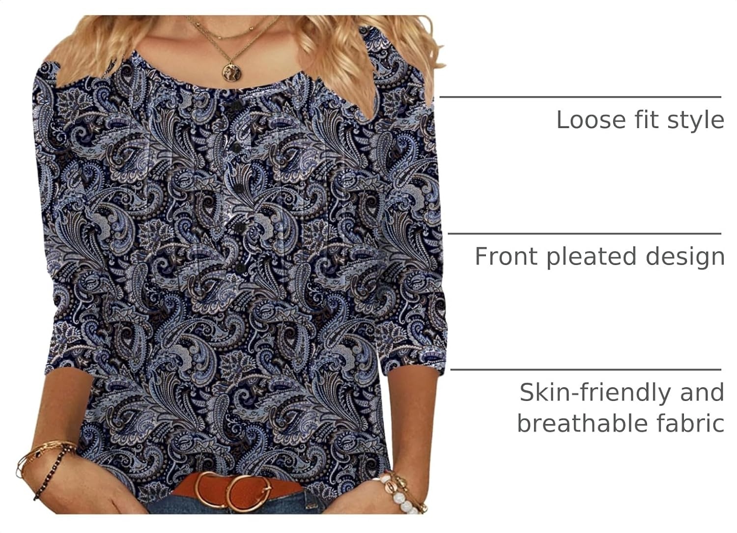 image:imageZeagoo 34 Length Sleeve Womens Tops Round Neck Casual Summer Tunic Tops Basic Tees Blouses Dressy TShirts Pleated ShirtsMz473