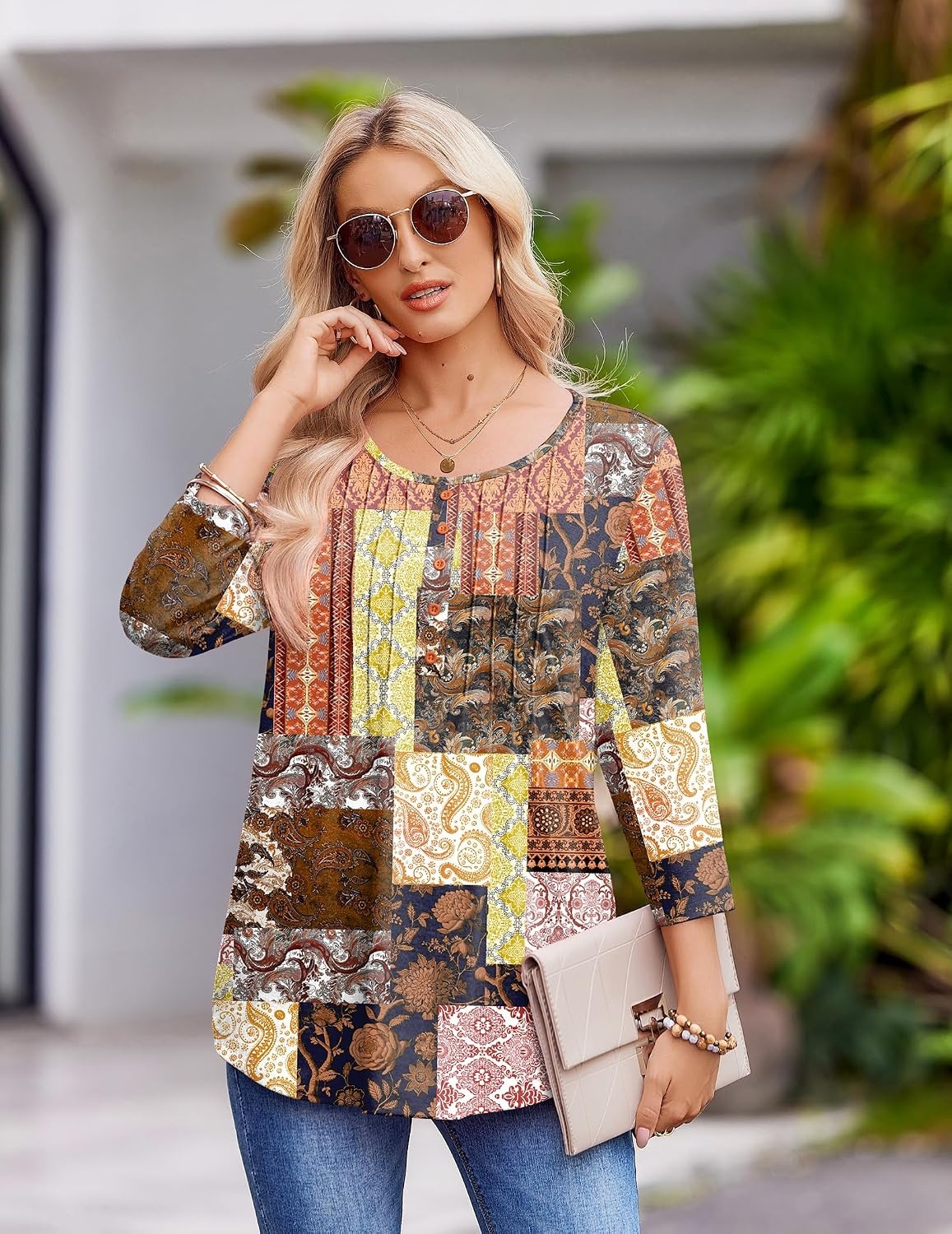 image:imageZeagoo 34 Length Sleeve Womens Tops Round Neck Casual Summer Tunic Tops Basic Tees Blouses Dressy TShirts Pleated ShirtsMz810