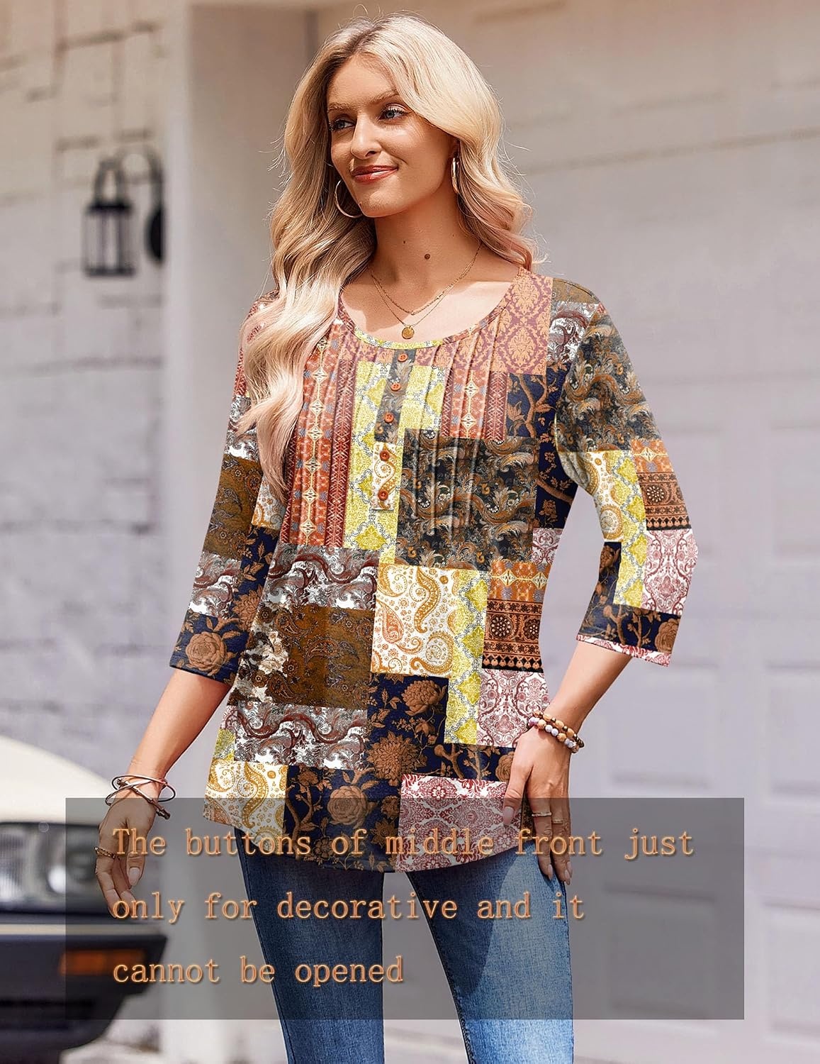 image:imageZeagoo 34 Length Sleeve Womens Tops Round Neck Casual Summer Tunic Tops Basic Tees Blouses Dressy TShirts Pleated ShirtsMz810
