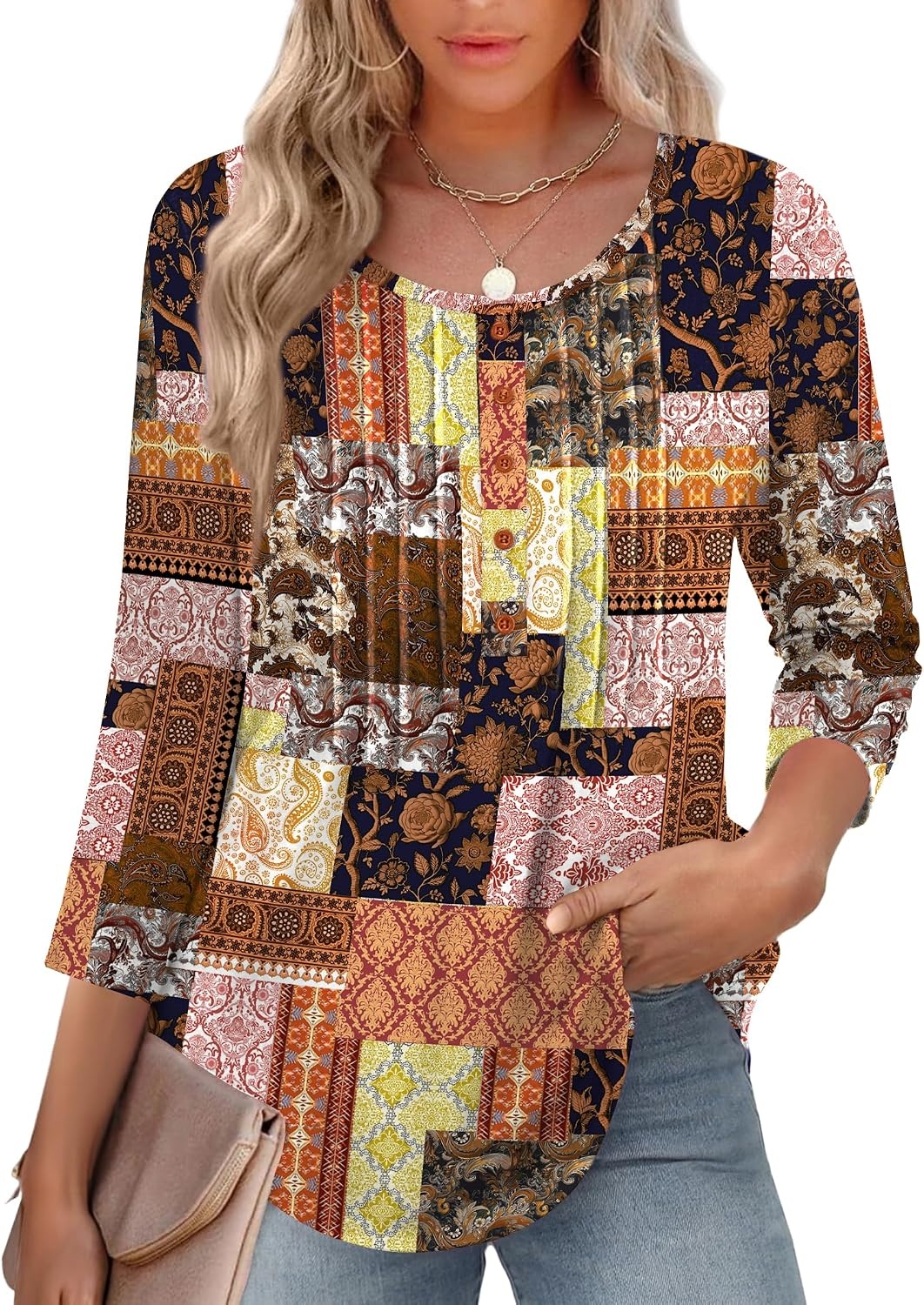 image:imageZeagoo 34 Length Sleeve Womens Tops Round Neck Casual Summer Tunic Tops Basic Tees Blouses Dressy TShirts Pleated ShirtsMz810