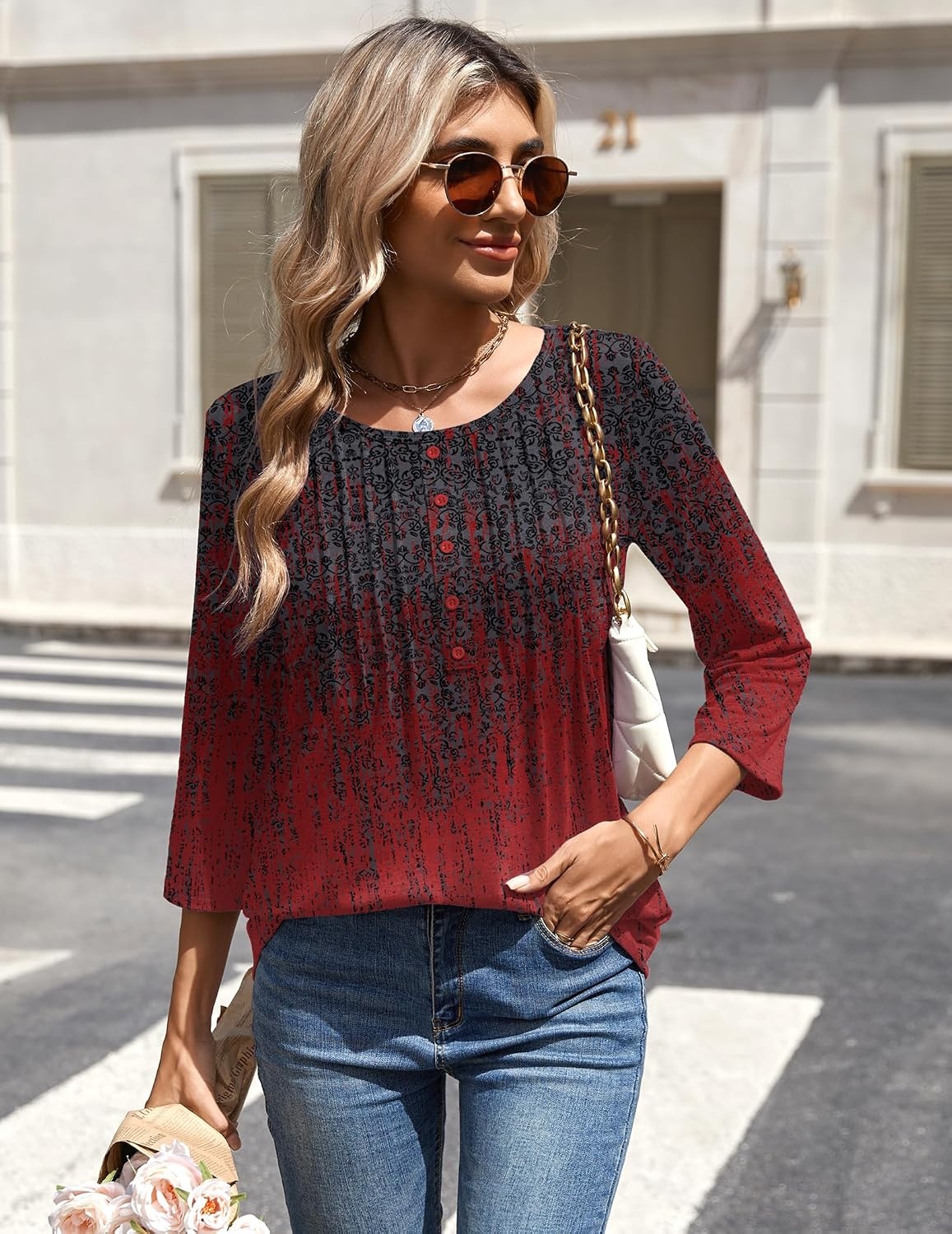 image:imageZeagoo 34 Length Sleeve Womens Tops Round Neck Casual Summer Tunic Tops Basic Tees Blouses Dressy TShirts Pleated ShirtsMz838
