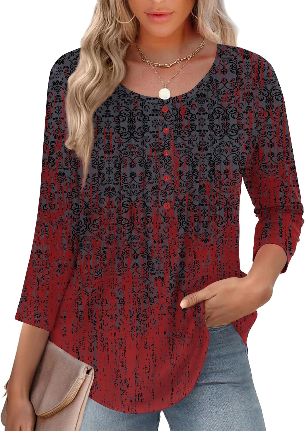 image:imageZeagoo 34 Length Sleeve Womens Tops Round Neck Casual Summer Tunic Tops Basic Tees Blouses Dressy TShirts Pleated ShirtsMz838