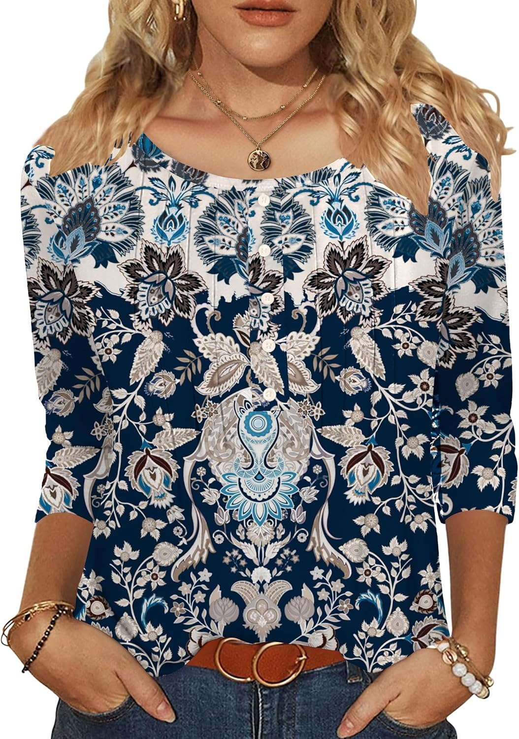 image:imageZeagoo 34 Length Sleeve Womens Tops Round Neck Casual Summer Tunic Tops Basic Tees Blouses Dressy TShirts Pleated ShirtsMz873