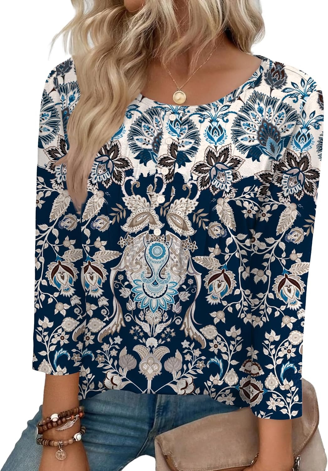 image:imageZeagoo 34 Length Sleeve Womens Tops Round Neck Casual Summer Tunic Tops Basic Tees Blouses Dressy TShirts Pleated ShirtsMz873