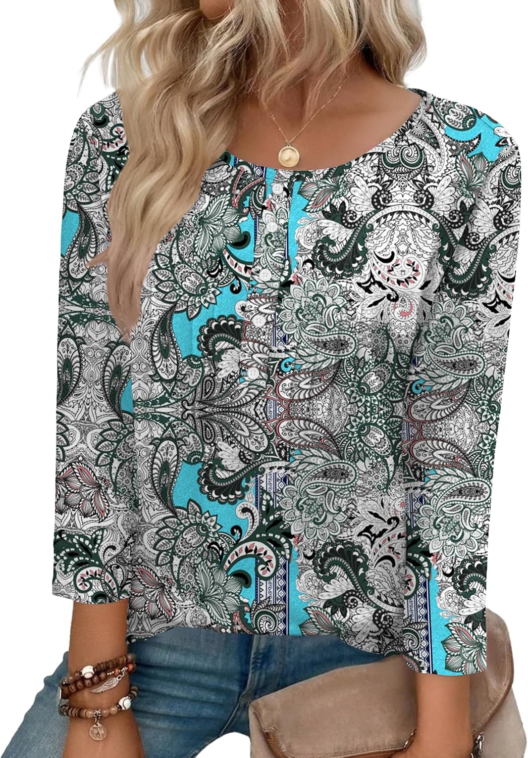 image:imageZeagoo 34 Length Sleeve Womens Tops Round Neck Casual Summer Tunic Tops Basic Tees Blouses Dressy TShirts Pleated ShirtsMz906