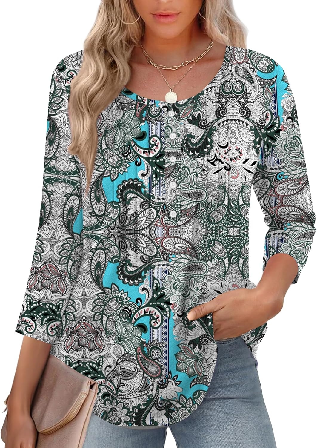 image:imageZeagoo 34 Length Sleeve Womens Tops Round Neck Casual Summer Tunic Tops Basic Tees Blouses Dressy TShirts Pleated ShirtsMz906