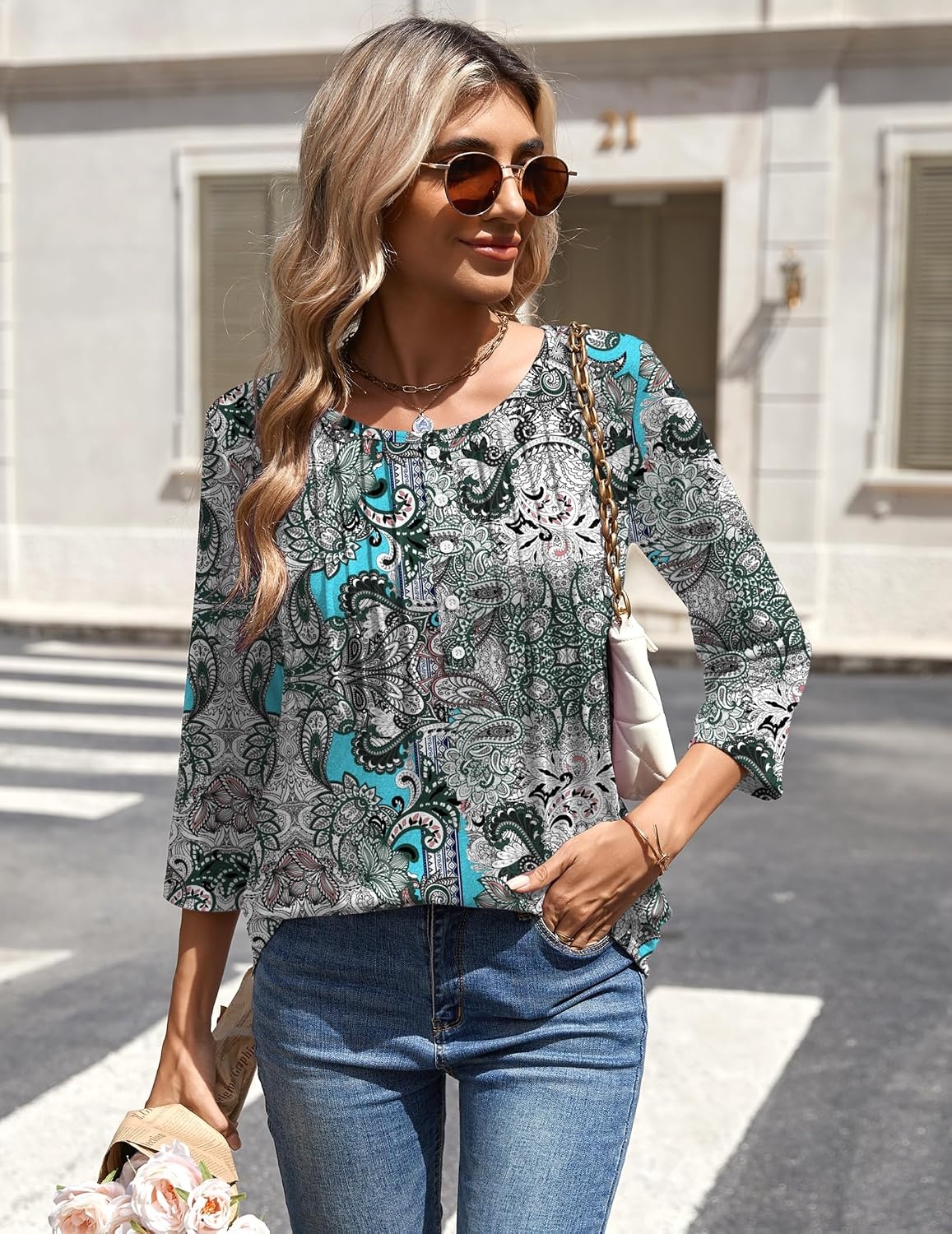 image:imageZeagoo 34 Length Sleeve Womens Tops Round Neck Casual Summer Tunic Tops Basic Tees Blouses Dressy TShirts Pleated ShirtsMz906