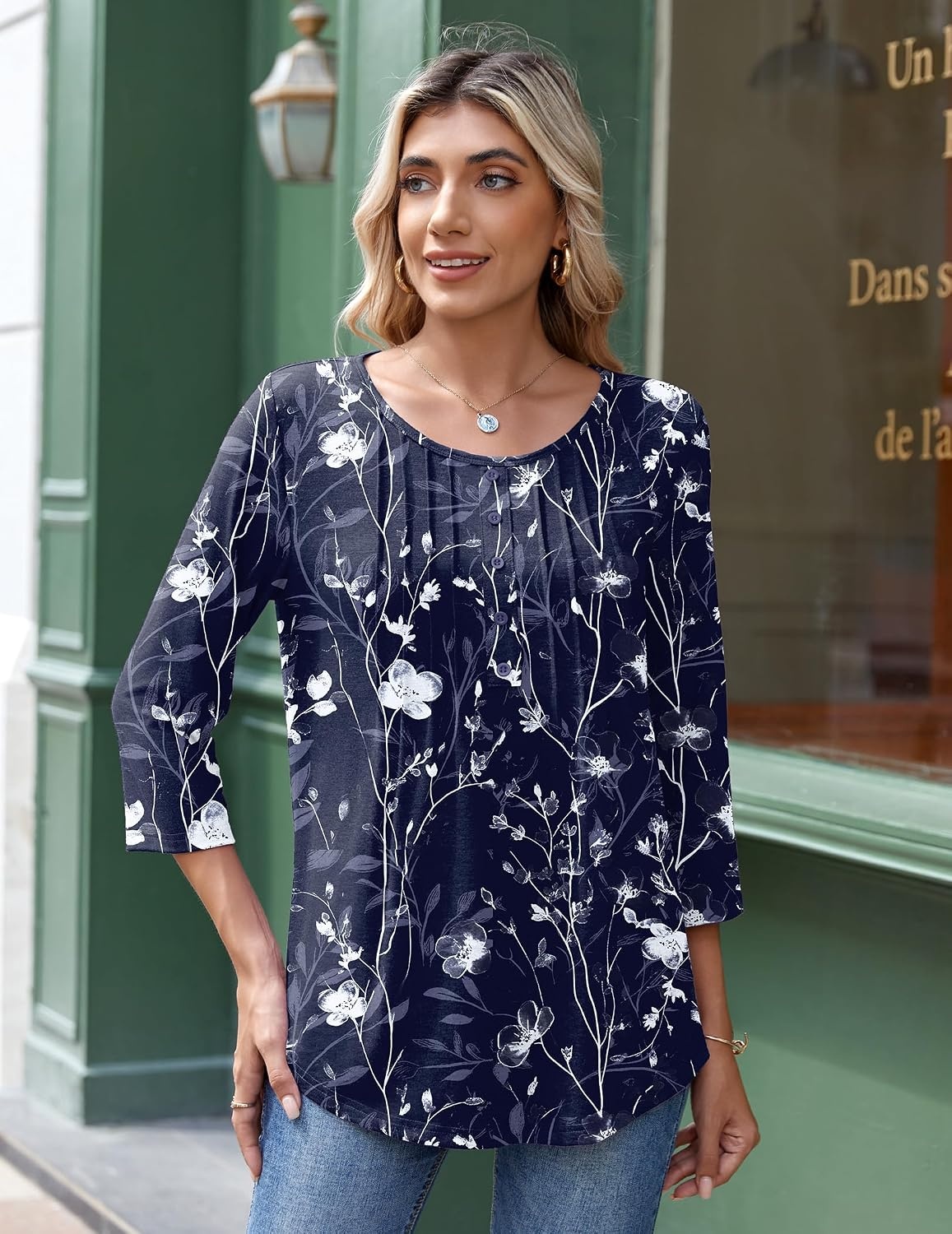 image:imageZeagoo 34 Length Sleeve Womens Tops Round Neck Casual Summer Tunic Tops Basic Tees Blouses Dressy TShirts Pleated ShirtsNavy Floral