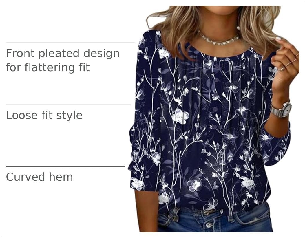 image:imageZeagoo 34 Length Sleeve Womens Tops Round Neck Casual Summer Tunic Tops Basic Tees Blouses Dressy TShirts Pleated ShirtsNavy Floral