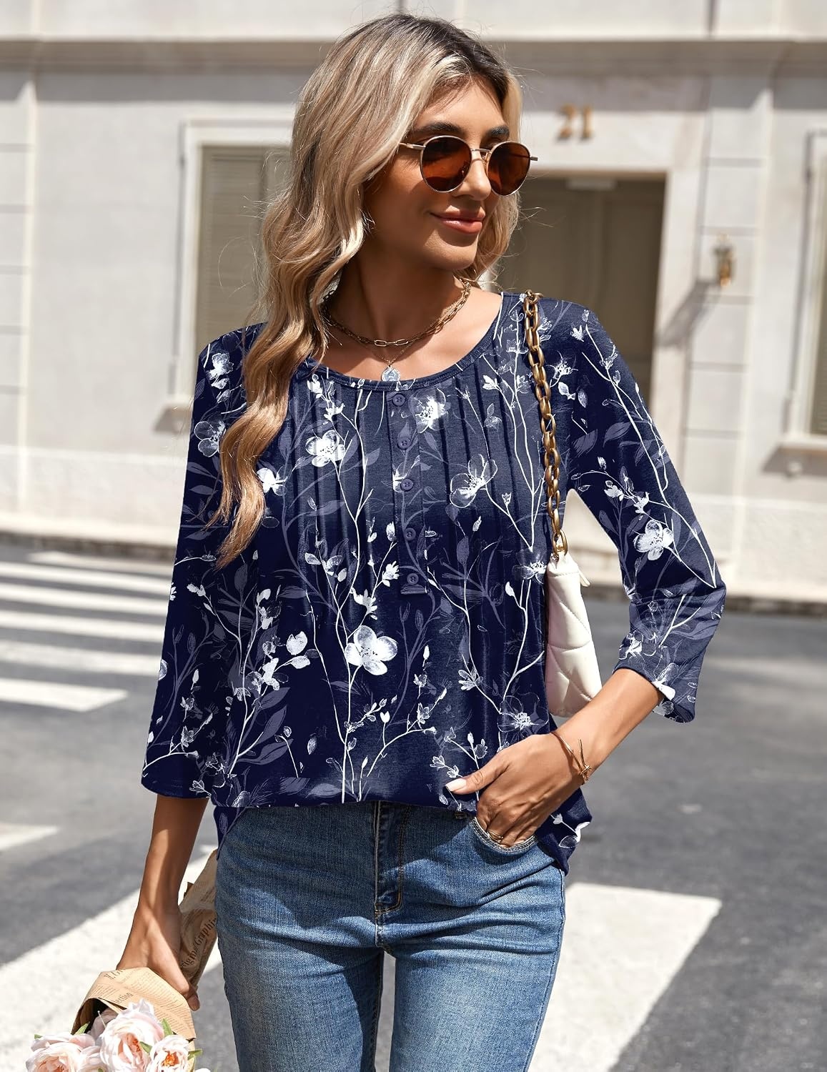 image:imageZeagoo 34 Length Sleeve Womens Tops Round Neck Casual Summer Tunic Tops Basic Tees Blouses Dressy TShirts Pleated ShirtsNavy Floral