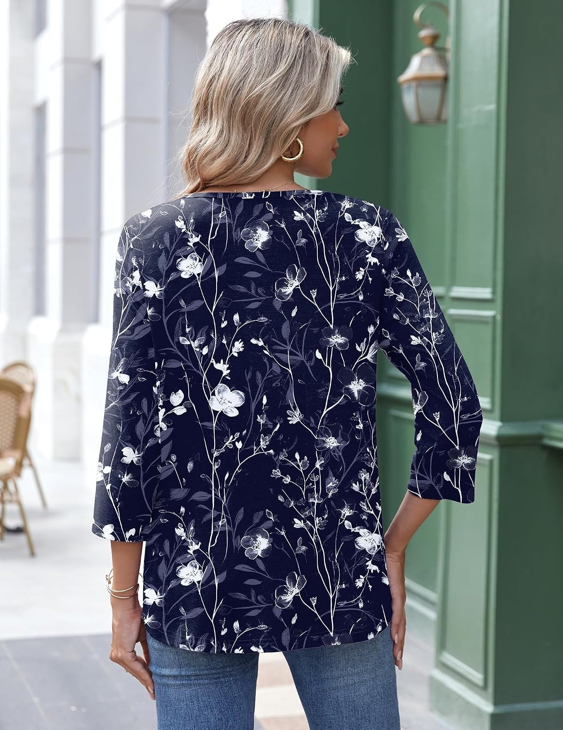 image:imageZeagoo 34 Length Sleeve Womens Tops Round Neck Casual Summer Tunic Tops Basic Tees Blouses Dressy TShirts Pleated ShirtsNavy Floral