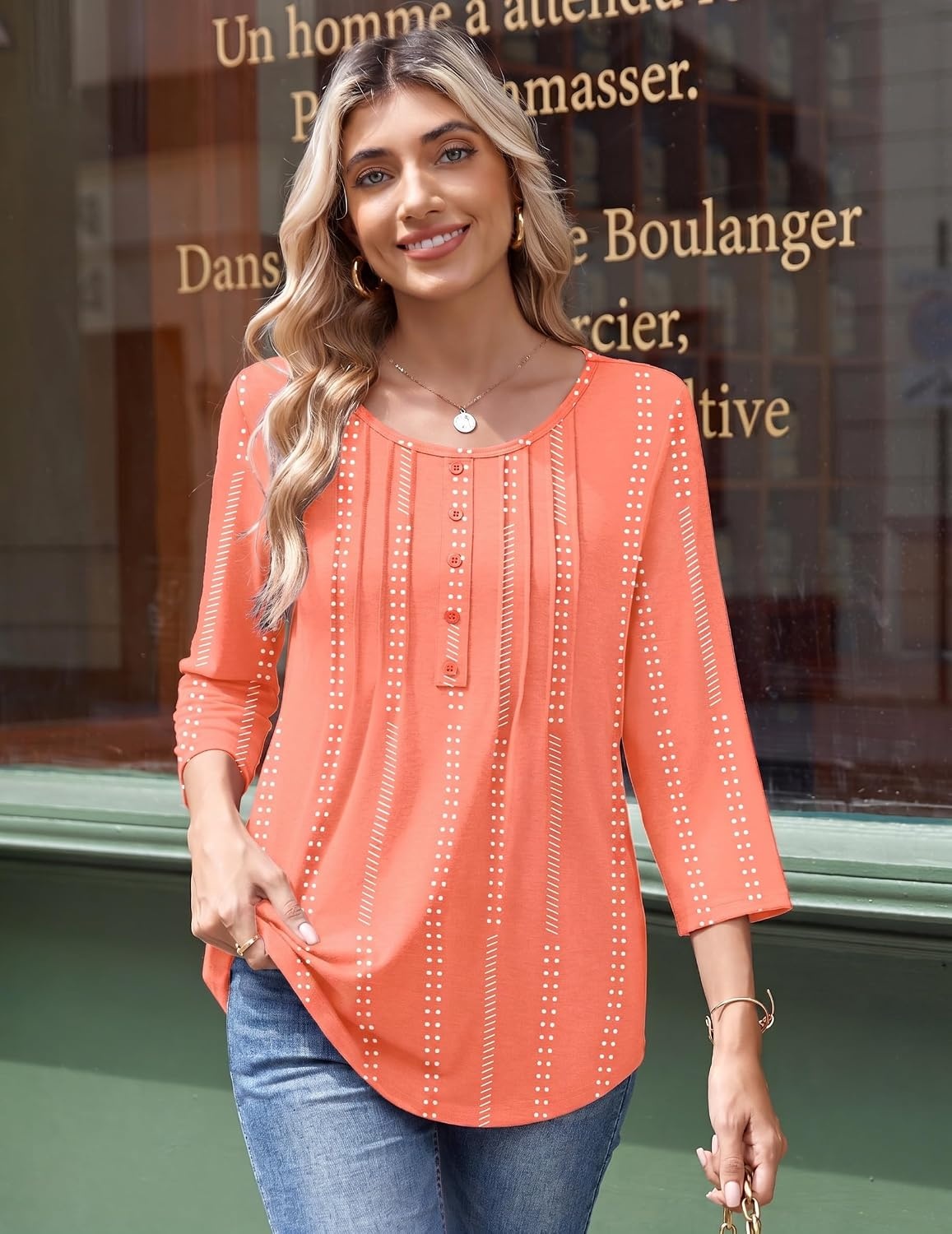 image:imageZeagoo 34 Length Sleeve Womens Tops Round Neck Casual Summer Tunic Tops Basic Tees Blouses Dressy TShirts Pleated ShirtsPink