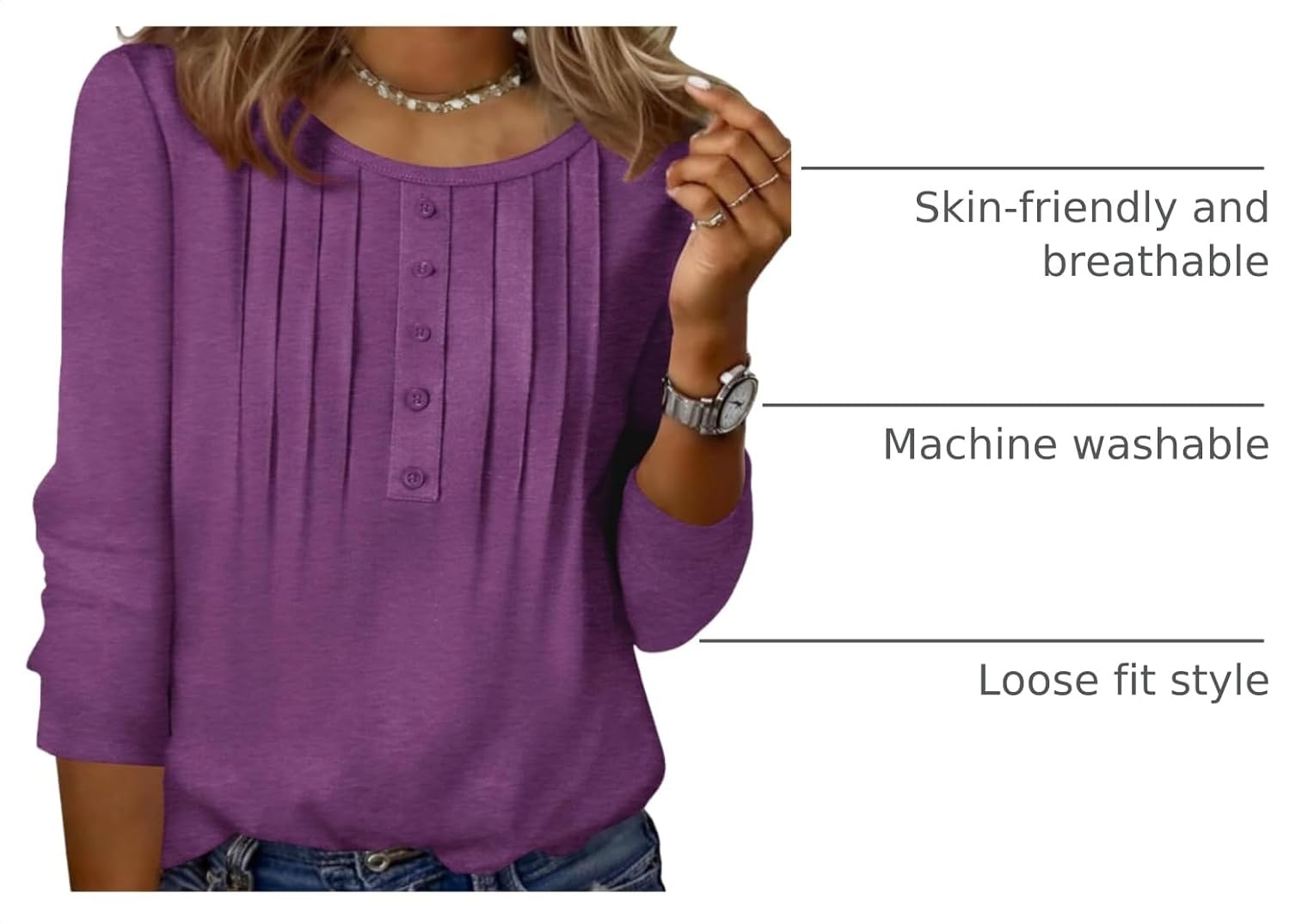 image:imageZeagoo 34 Length Sleeve Womens Tops Round Neck Casual Summer Tunic Tops Basic Tees Blouses Dressy TShirts Pleated ShirtsPurple