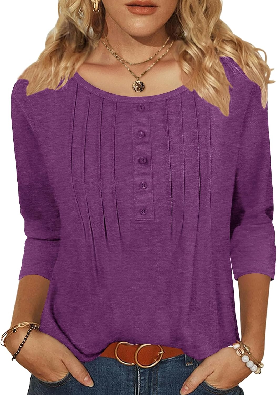 image:imageZeagoo 34 Length Sleeve Womens Tops Round Neck Casual Summer Tunic Tops Basic Tees Blouses Dressy TShirts Pleated ShirtsPurple