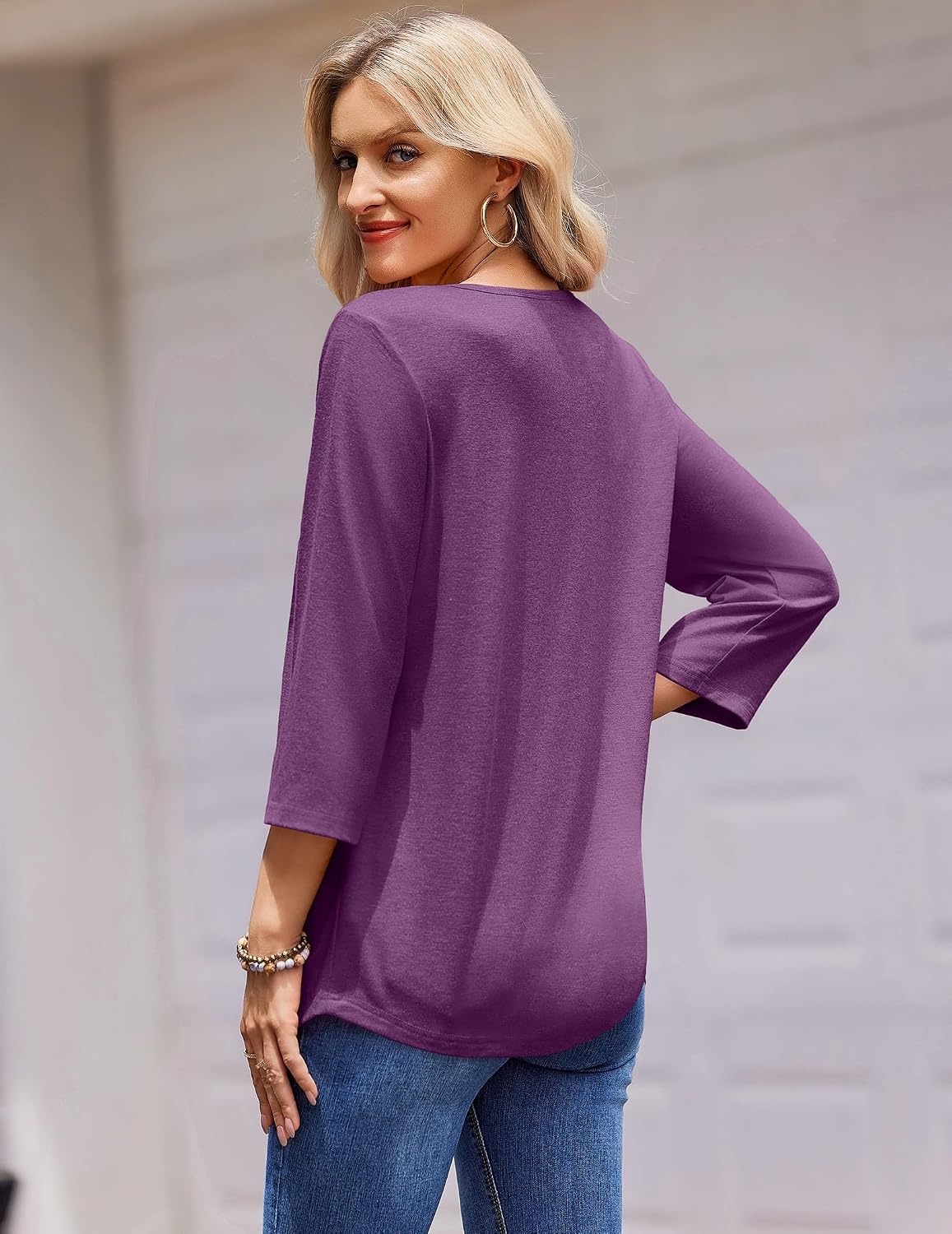 image:imageZeagoo 34 Length Sleeve Womens Tops Round Neck Casual Summer Tunic Tops Basic Tees Blouses Dressy TShirts Pleated ShirtsPurple
