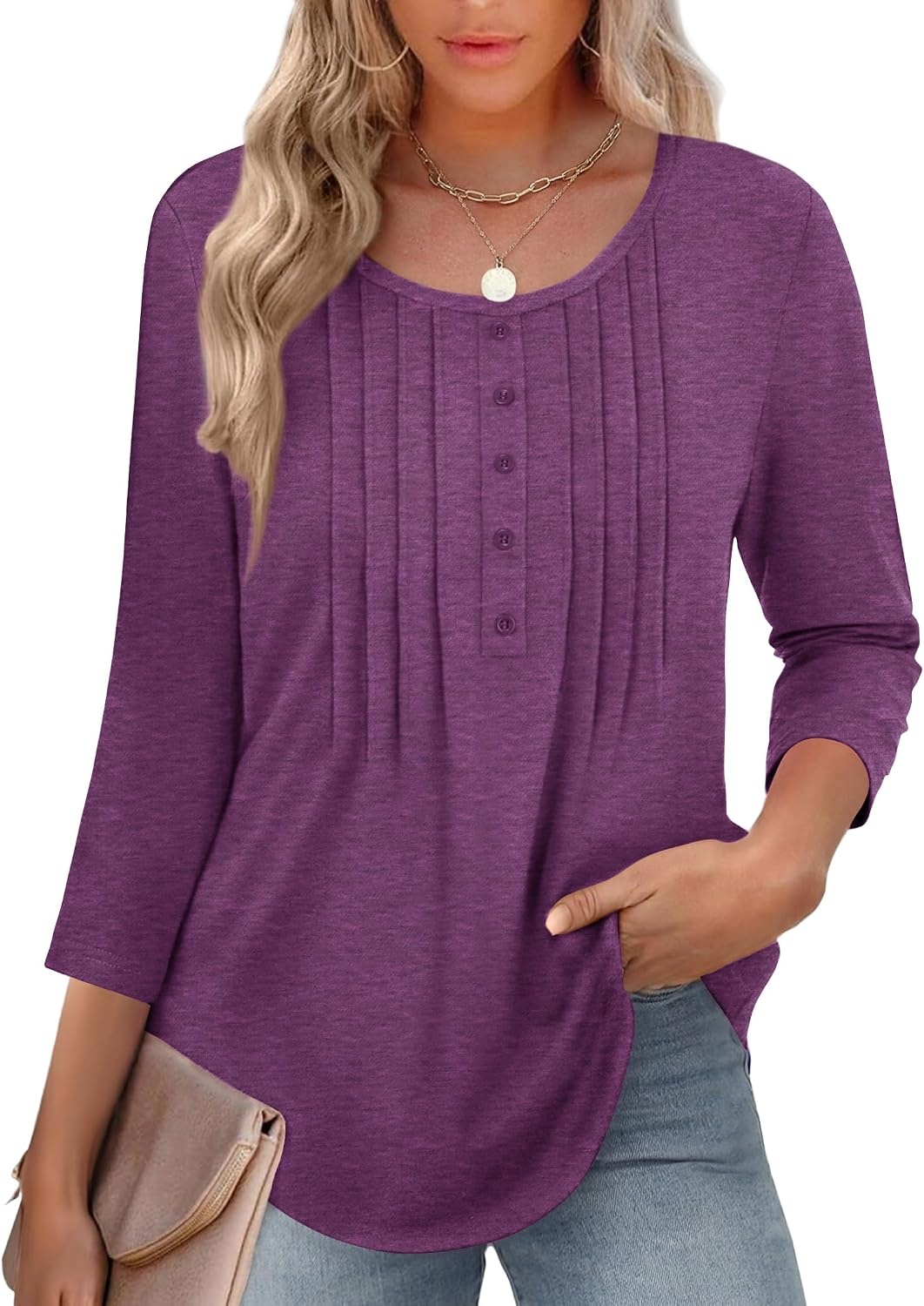 image:imageZeagoo 34 Length Sleeve Womens Tops Round Neck Casual Summer Tunic Tops Basic Tees Blouses Dressy TShirts Pleated ShirtsPurple