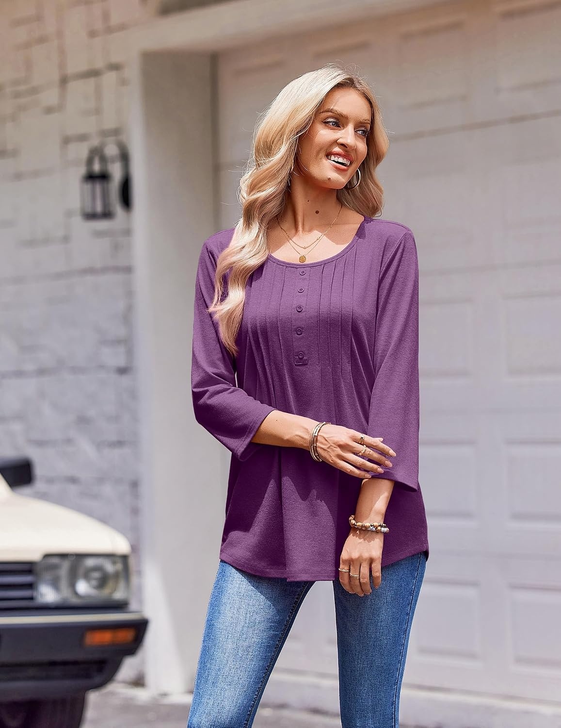 image:imageZeagoo 34 Length Sleeve Womens Tops Round Neck Casual Summer Tunic Tops Basic Tees Blouses Dressy TShirts Pleated ShirtsPurple
