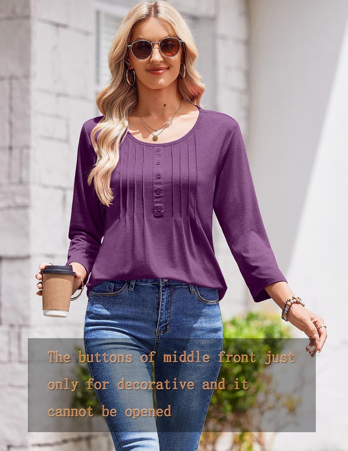 image:imageZeagoo 34 Length Sleeve Womens Tops Round Neck Casual Summer Tunic Tops Basic Tees Blouses Dressy TShirts Pleated ShirtsPurple