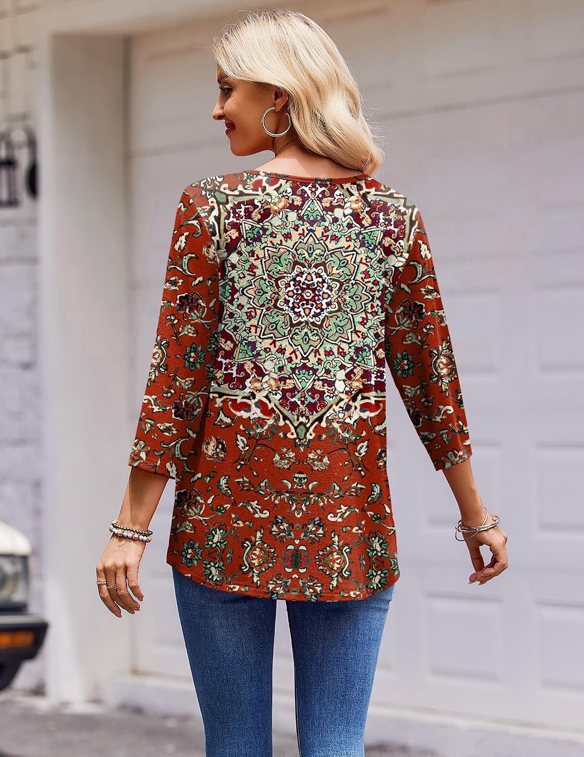 image:imageZeagoo 34 Length Sleeve Womens Tops Round Neck Casual Summer Tunic Tops Basic Tees Blouses Dressy TShirts Pleated ShirtsRed
