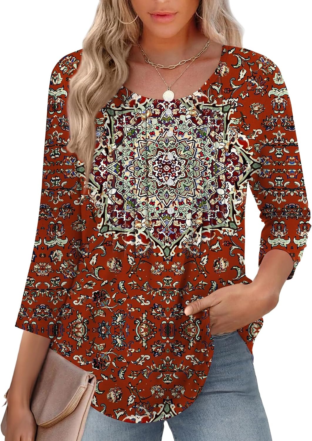 image:imageZeagoo 34 Length Sleeve Womens Tops Round Neck Casual Summer Tunic Tops Basic Tees Blouses Dressy TShirts Pleated ShirtsRed