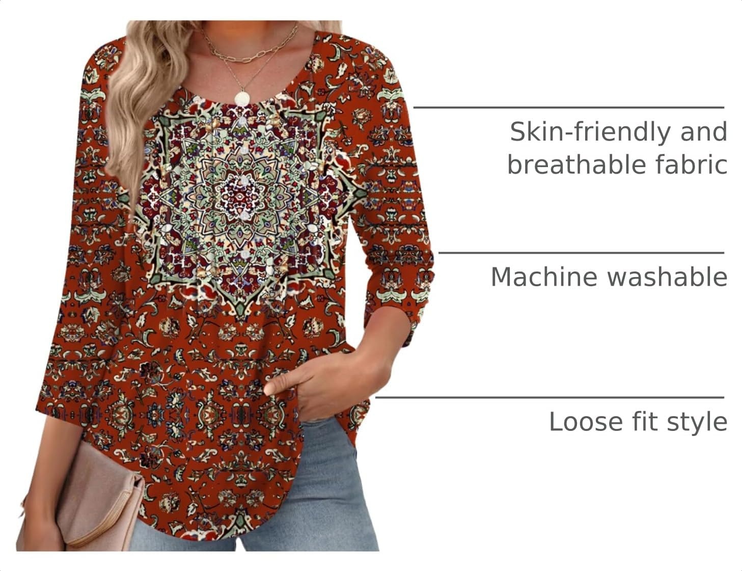 image:imageZeagoo 34 Length Sleeve Womens Tops Round Neck Casual Summer Tunic Tops Basic Tees Blouses Dressy TShirts Pleated ShirtsRed