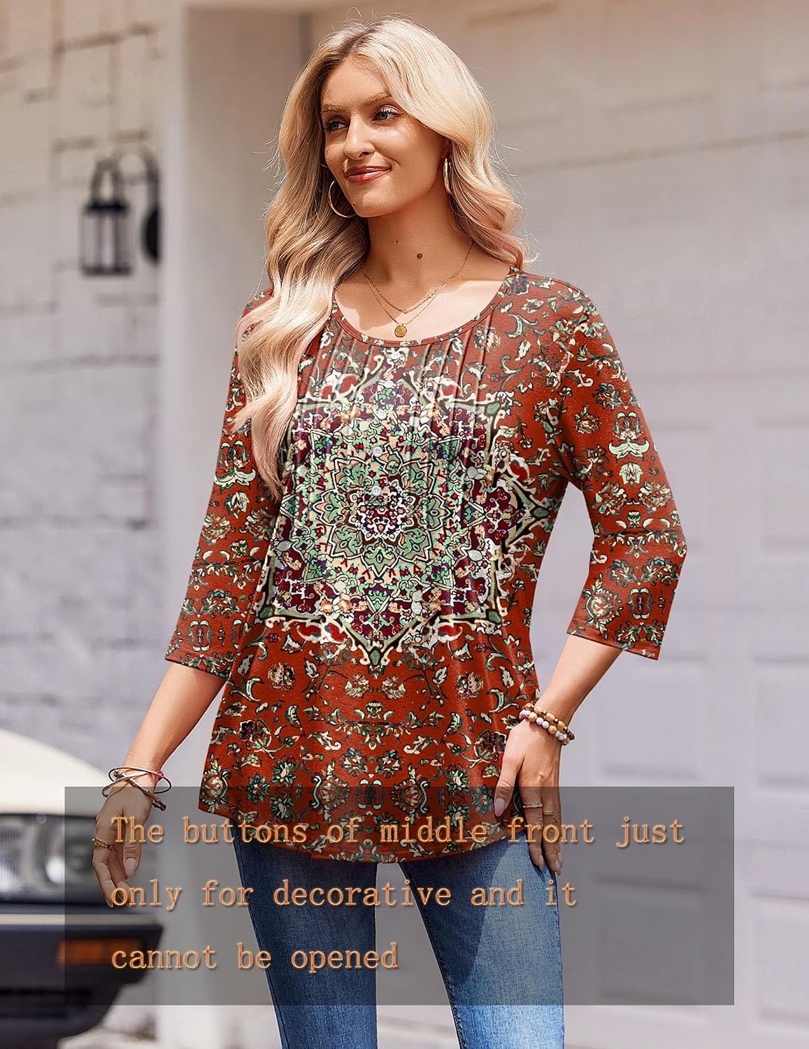 image:imageZeagoo 34 Length Sleeve Womens Tops Round Neck Casual Summer Tunic Tops Basic Tees Blouses Dressy TShirts Pleated ShirtsRed