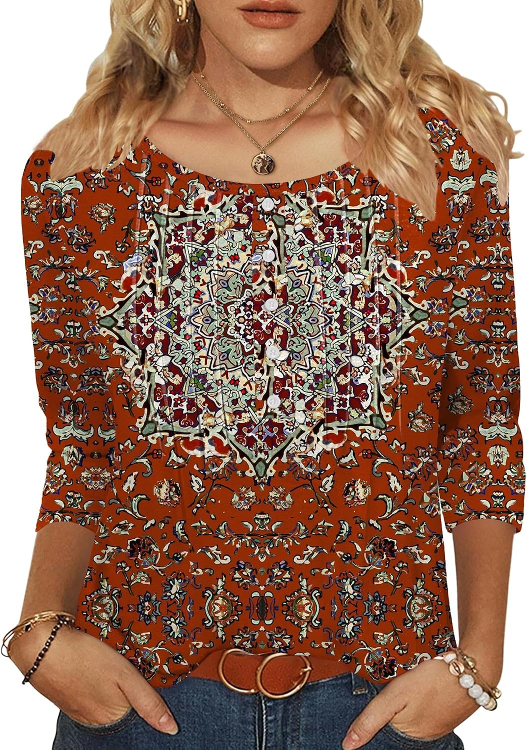 image:imageZeagoo 34 Length Sleeve Womens Tops Round Neck Casual Summer Tunic Tops Basic Tees Blouses Dressy TShirts Pleated ShirtsRed