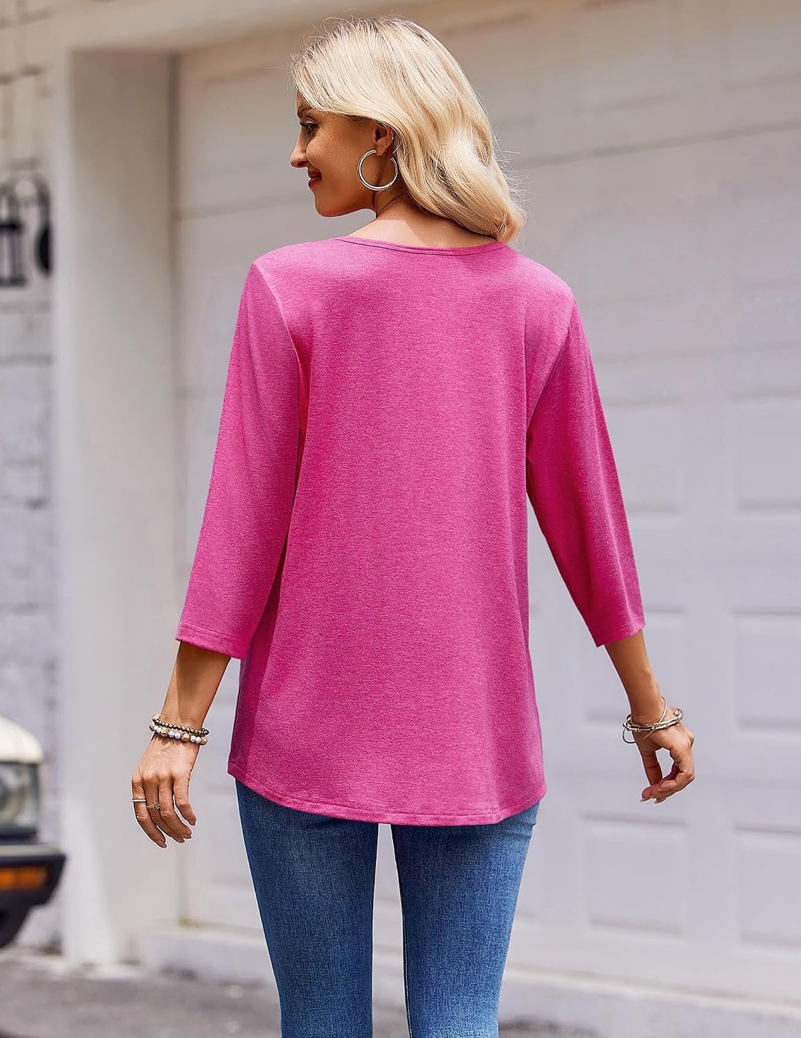 image:imageZeagoo 34 Length Sleeve Womens Tops Round Neck Casual Summer Tunic Tops Basic Tees Blouses Dressy TShirts Pleated ShirtsRose