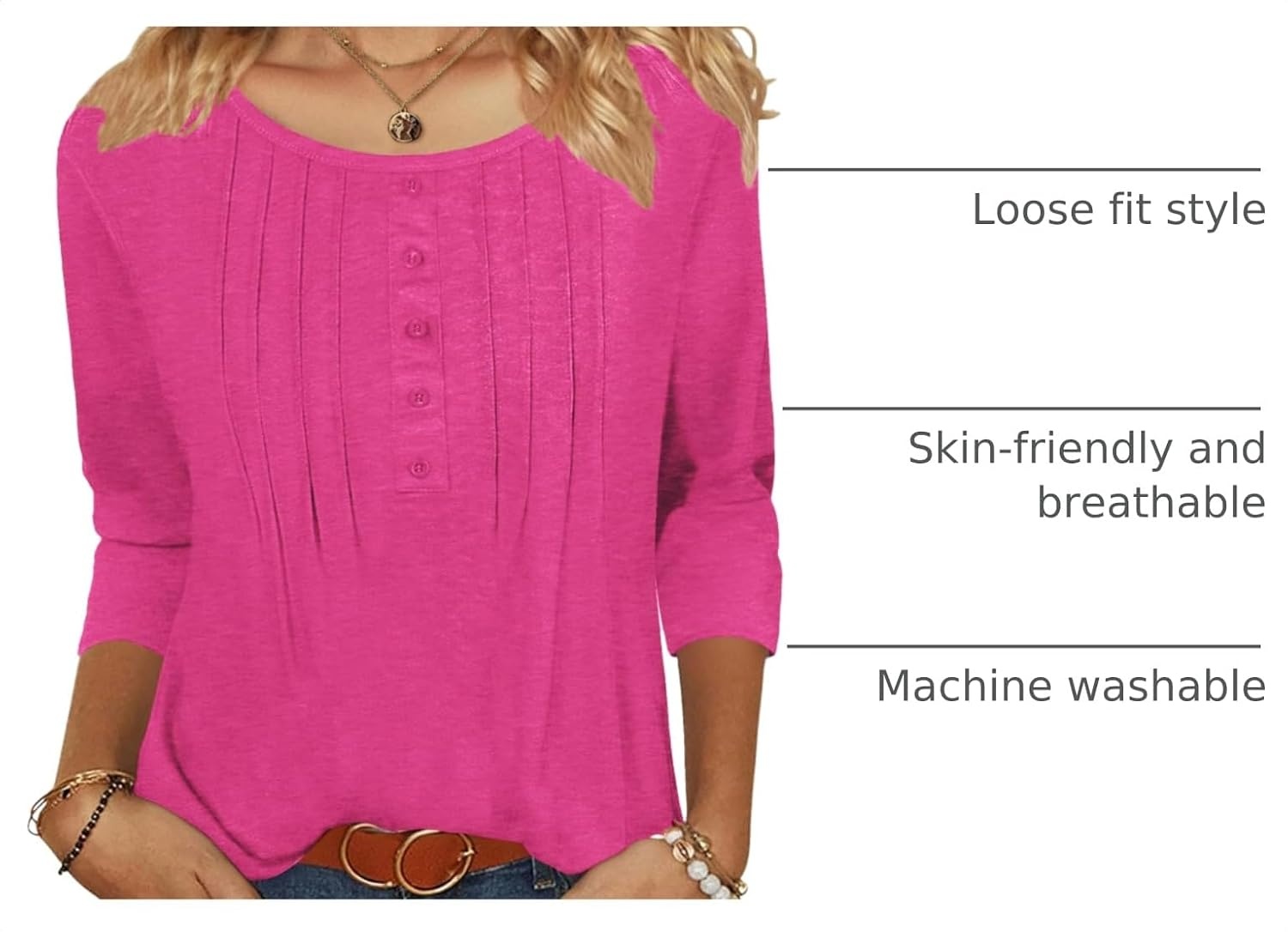 image:imageZeagoo 34 Length Sleeve Womens Tops Round Neck Casual Summer Tunic Tops Basic Tees Blouses Dressy TShirts Pleated ShirtsRose