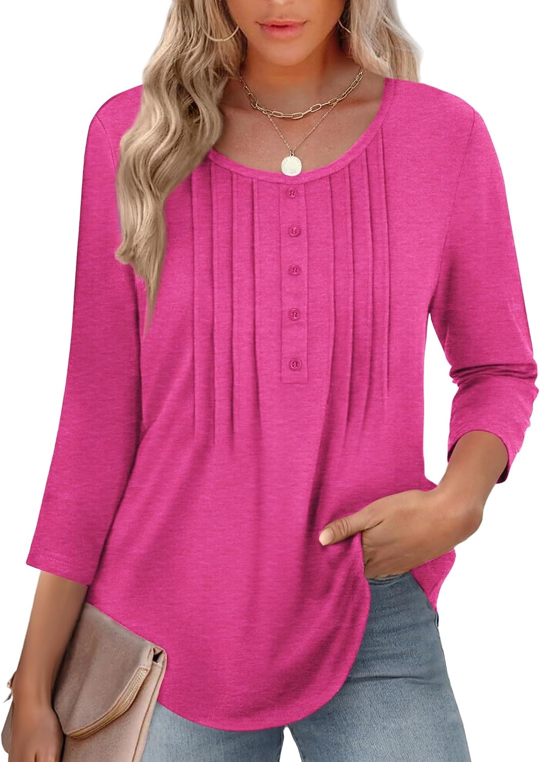 image:imageZeagoo 34 Length Sleeve Womens Tops Round Neck Casual Summer Tunic Tops Basic Tees Blouses Dressy TShirts Pleated ShirtsRose