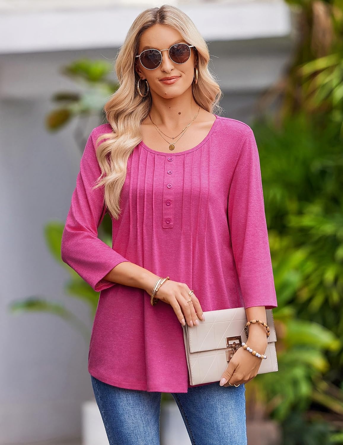 image:imageZeagoo 34 Length Sleeve Womens Tops Round Neck Casual Summer Tunic Tops Basic Tees Blouses Dressy TShirts Pleated ShirtsRose