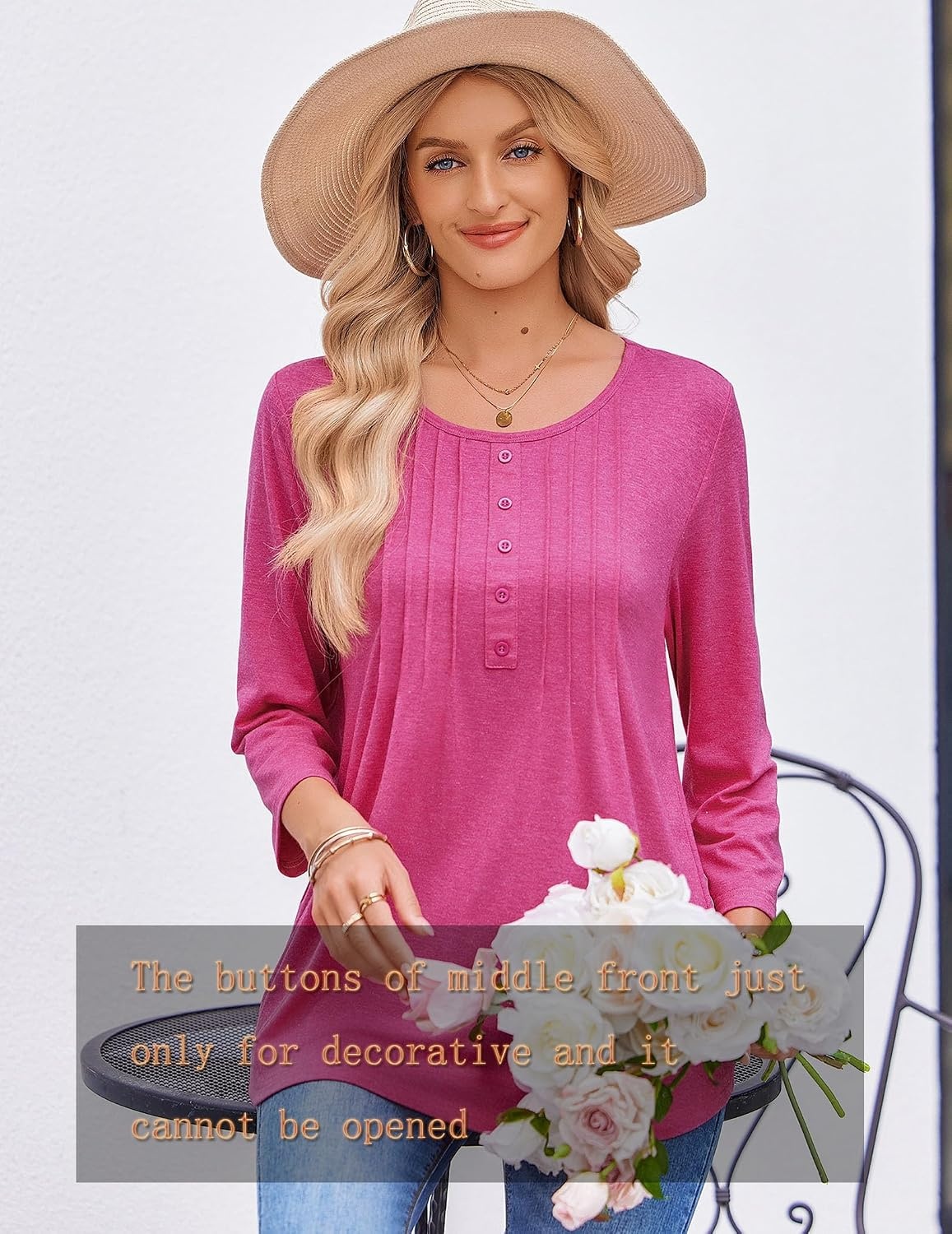 image:imageZeagoo 34 Length Sleeve Womens Tops Round Neck Casual Summer Tunic Tops Basic Tees Blouses Dressy TShirts Pleated ShirtsRose