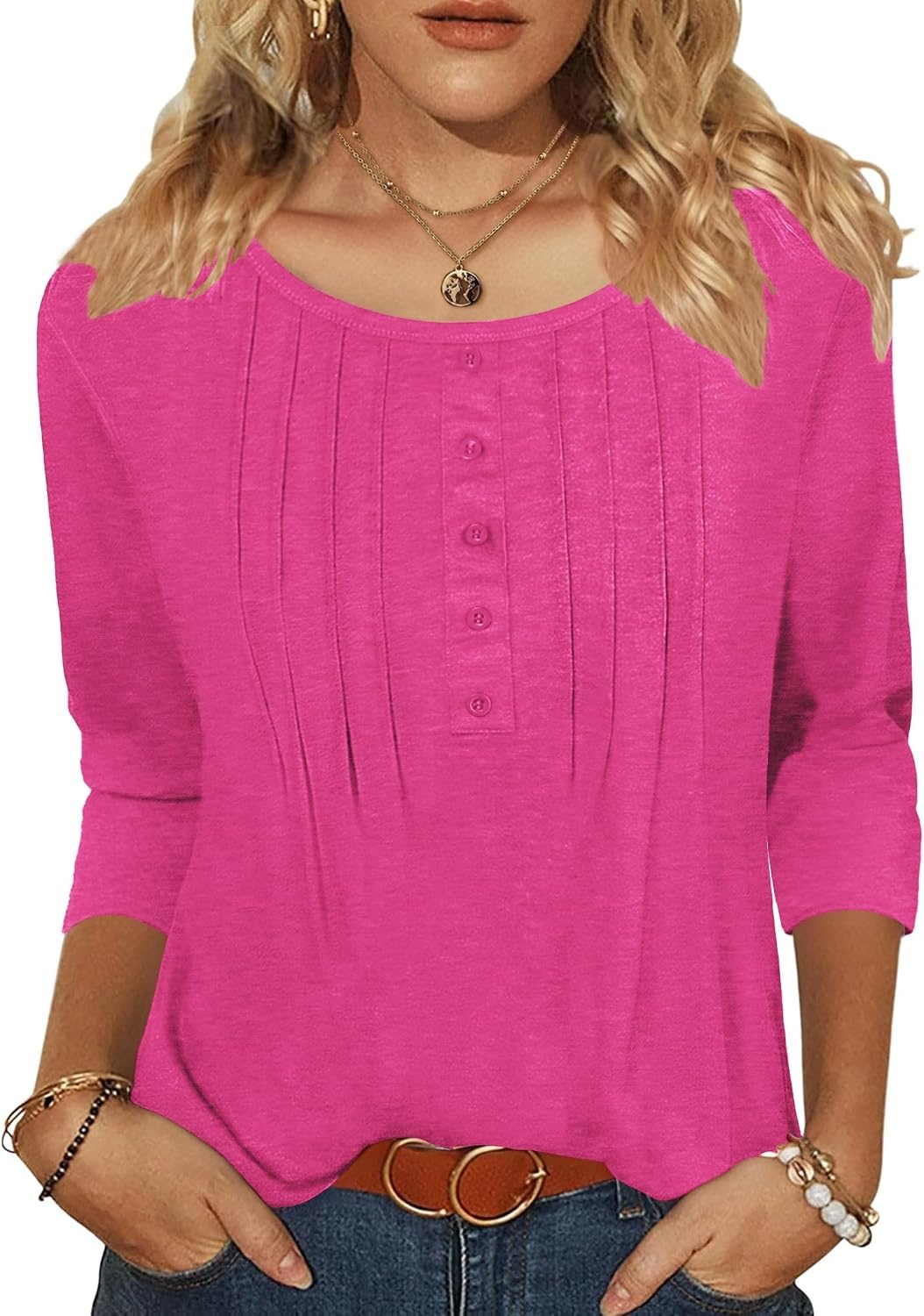 image:imageZeagoo 34 Length Sleeve Womens Tops Round Neck Casual Summer Tunic Tops Basic Tees Blouses Dressy TShirts Pleated ShirtsRose