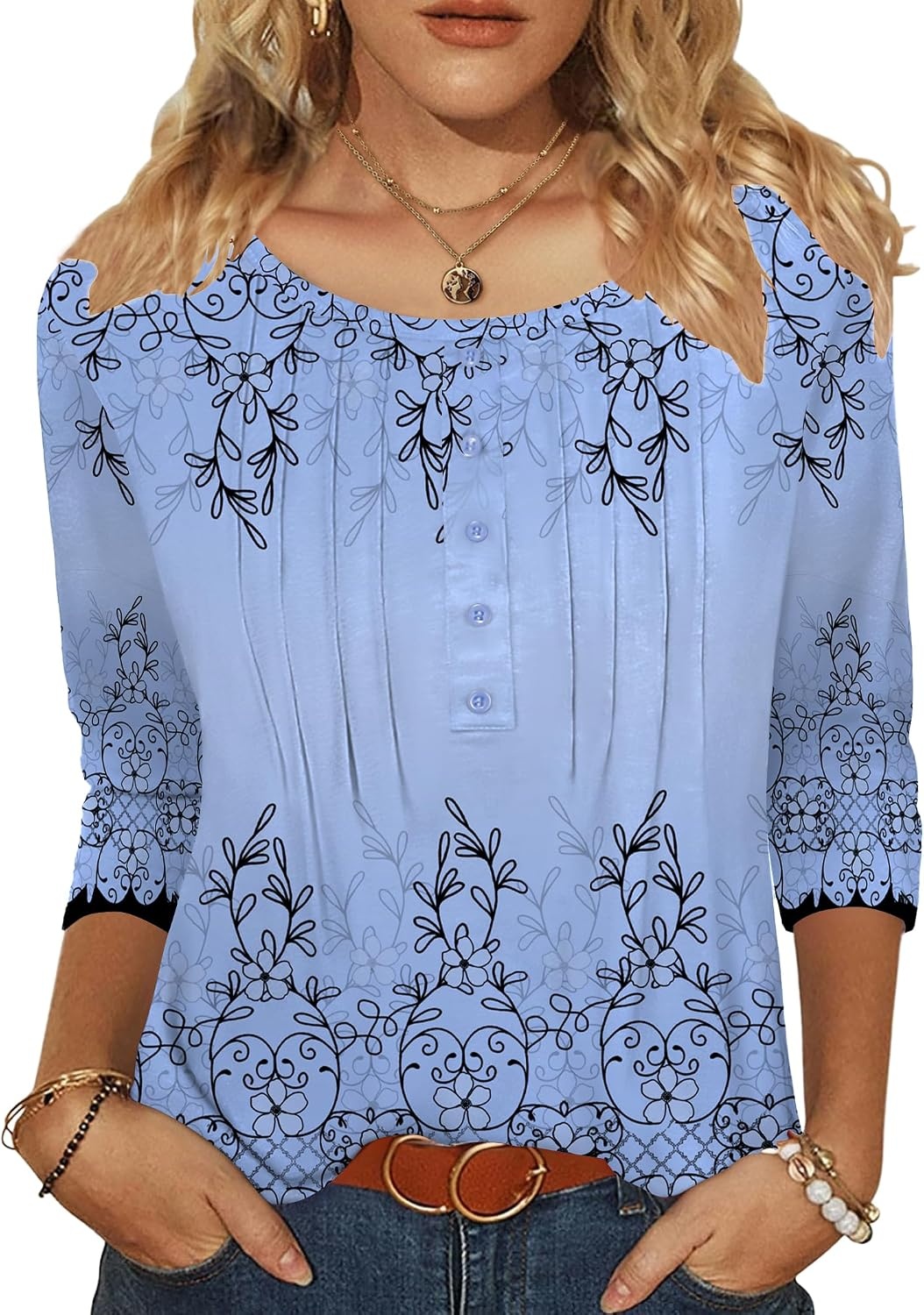 image:imageZeagoo 34 Length Sleeve Womens Tops Round Neck Casual Summer Tunic Tops Basic Tees Blouses Dressy TShirts Pleated ShirtsSf166