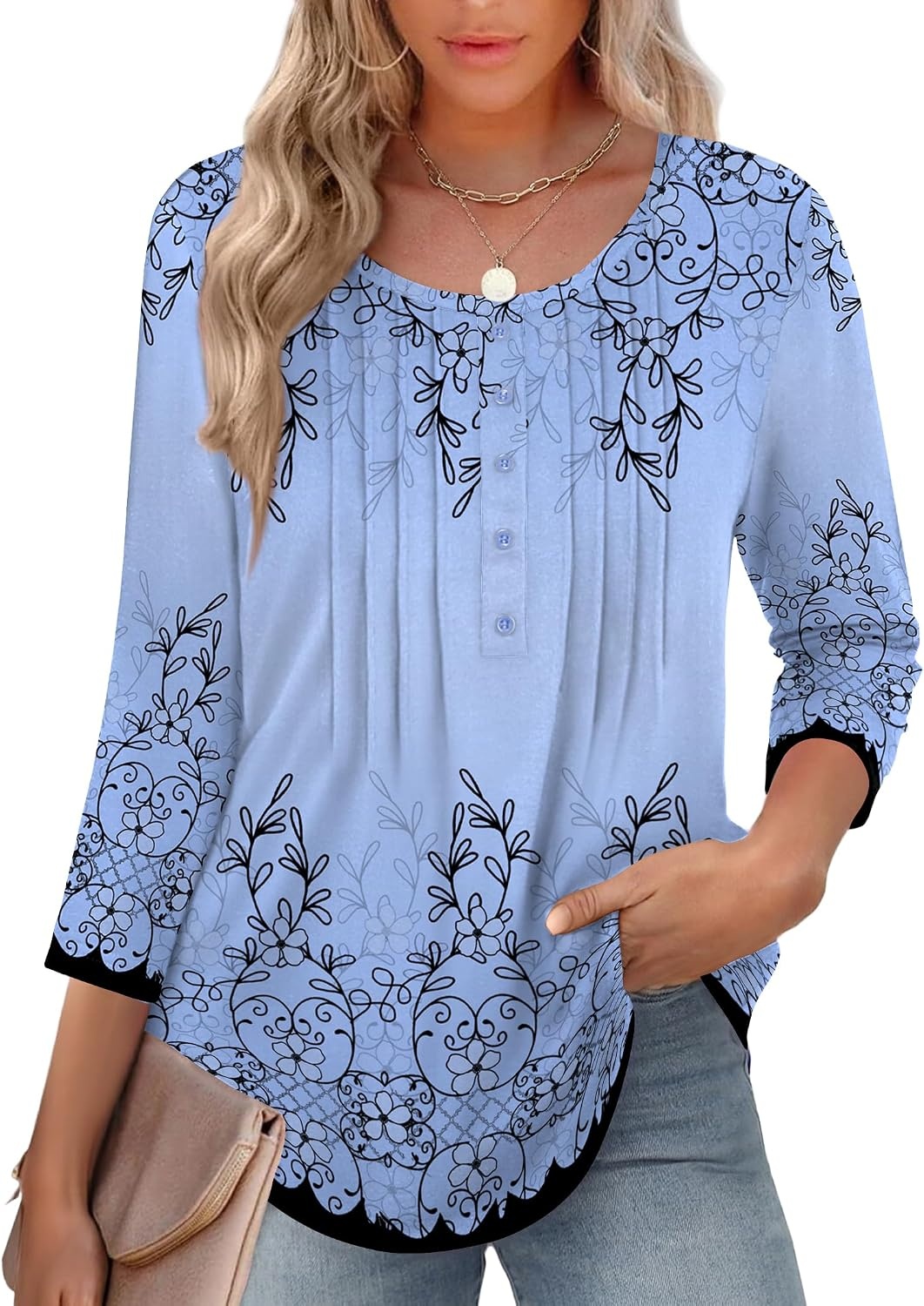 image:imageZeagoo 34 Length Sleeve Womens Tops Round Neck Casual Summer Tunic Tops Basic Tees Blouses Dressy TShirts Pleated ShirtsSf166