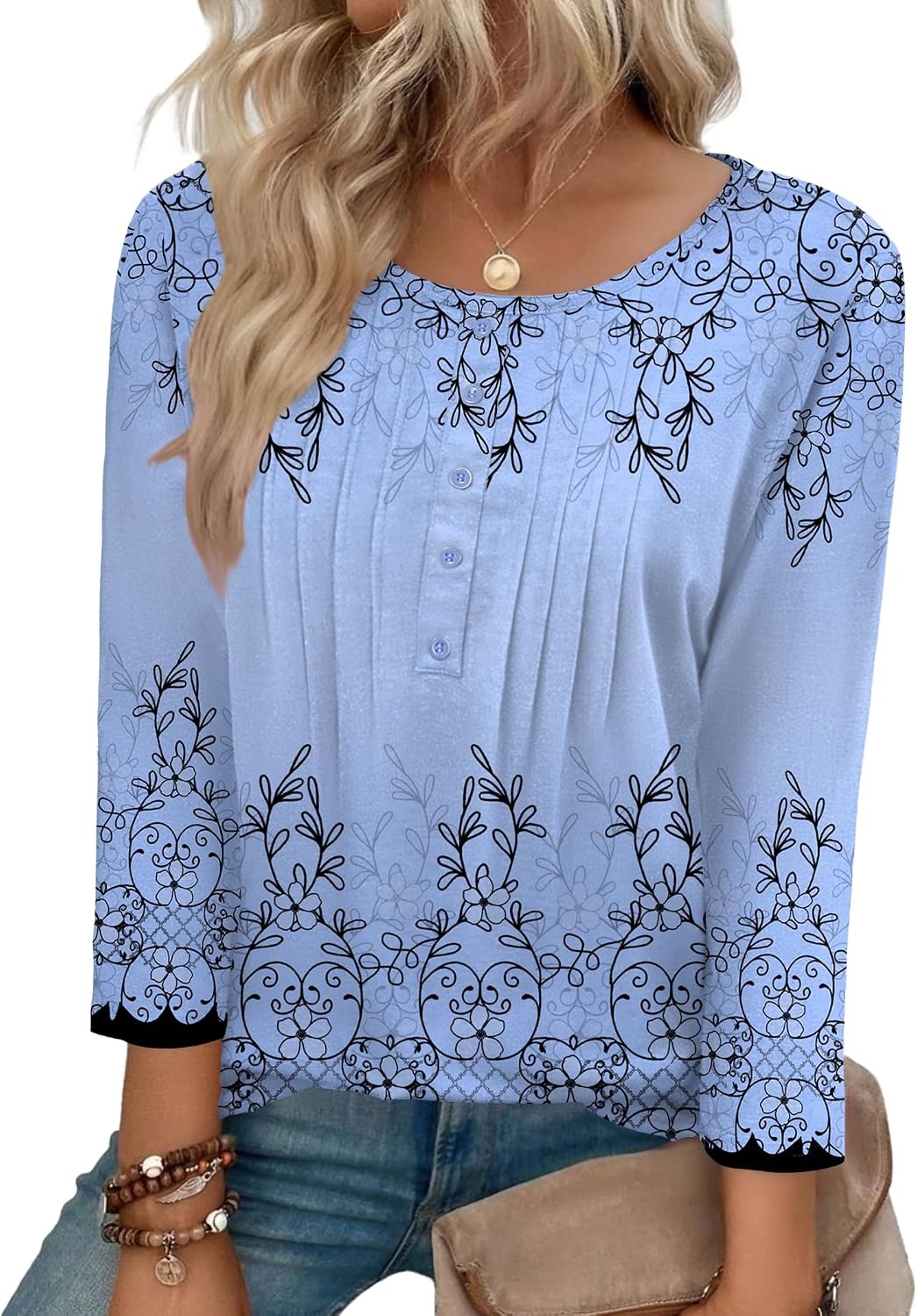 image:imageZeagoo 34 Length Sleeve Womens Tops Round Neck Casual Summer Tunic Tops Basic Tees Blouses Dressy TShirts Pleated ShirtsSf166