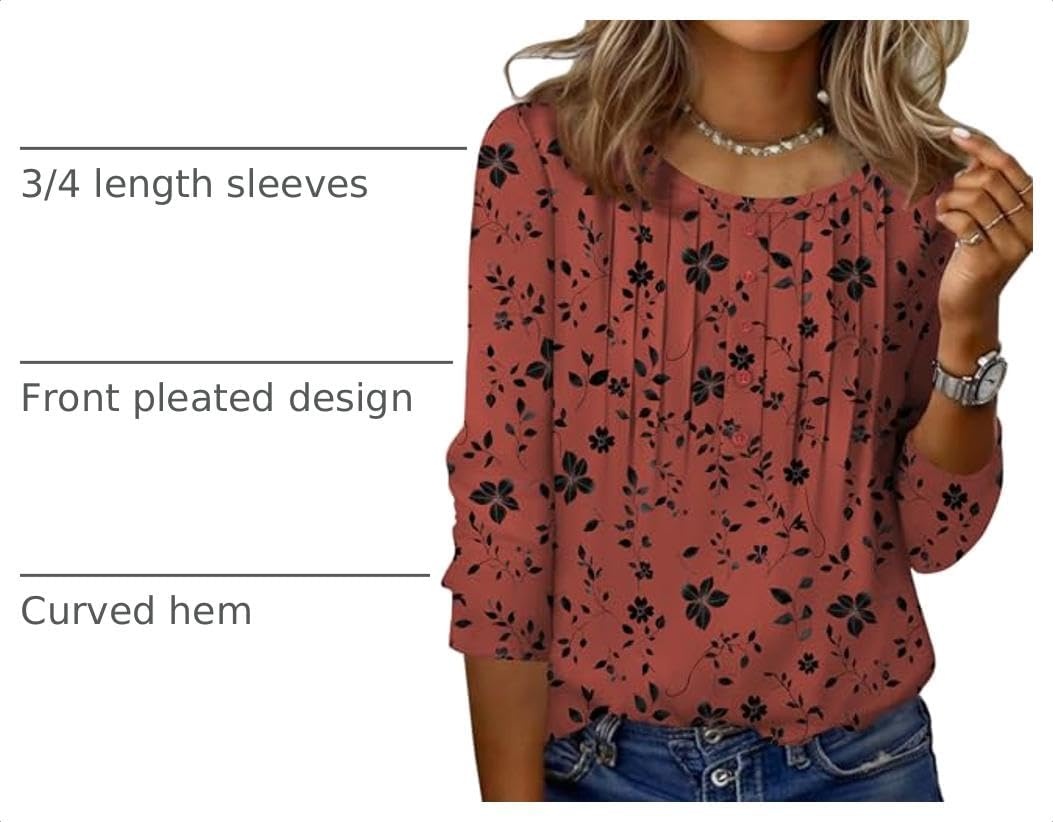 image:imageZeagoo 34 Length Sleeve Womens Tops Round Neck Casual Summer Tunic Tops Basic Tees Blouses Dressy TShirts Pleated ShirtsSf290