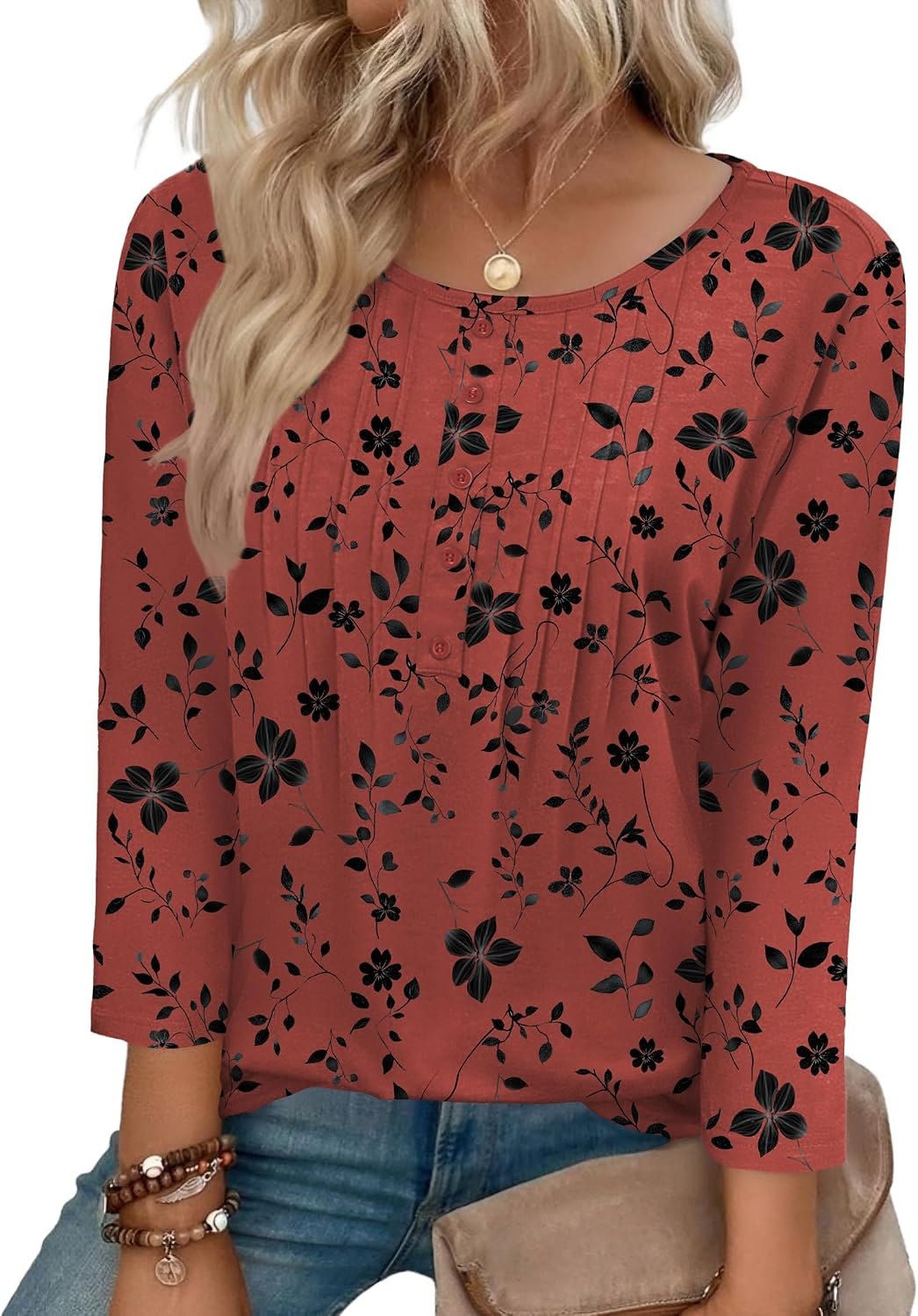image:imageZeagoo 34 Length Sleeve Womens Tops Round Neck Casual Summer Tunic Tops Basic Tees Blouses Dressy TShirts Pleated ShirtsSf290