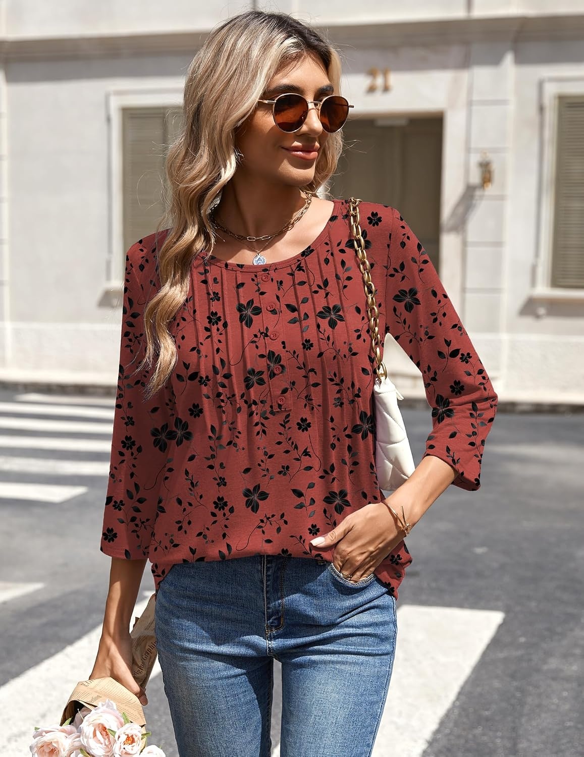 image:imageZeagoo 34 Length Sleeve Womens Tops Round Neck Casual Summer Tunic Tops Basic Tees Blouses Dressy TShirts Pleated ShirtsSf290