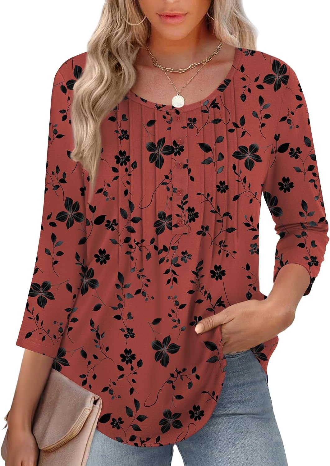 image:imageZeagoo 34 Length Sleeve Womens Tops Round Neck Casual Summer Tunic Tops Basic Tees Blouses Dressy TShirts Pleated ShirtsSf290