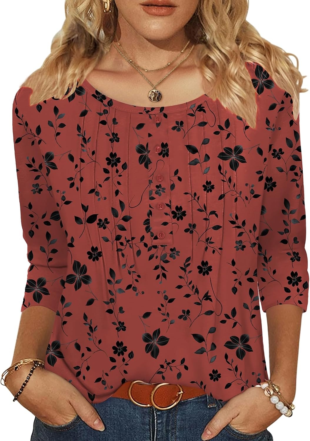 image:imageZeagoo 34 Length Sleeve Womens Tops Round Neck Casual Summer Tunic Tops Basic Tees Blouses Dressy TShirts Pleated ShirtsSf290