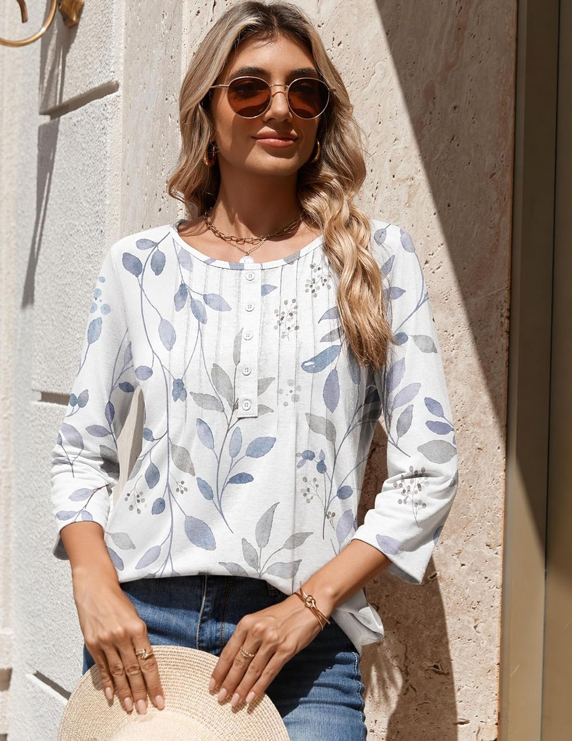image:imageZeagoo 34 Length Sleeve Womens Tops Round Neck Casual Summer Tunic Tops Basic Tees Blouses Dressy TShirts Pleated ShirtsSp113