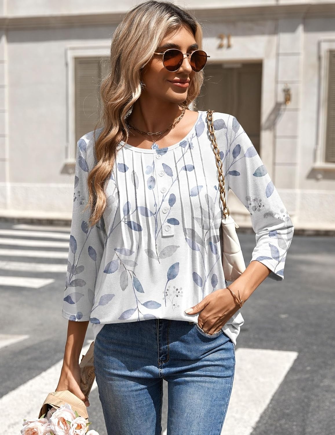 image:imageZeagoo 34 Length Sleeve Womens Tops Round Neck Casual Summer Tunic Tops Basic Tees Blouses Dressy TShirts Pleated ShirtsSp113