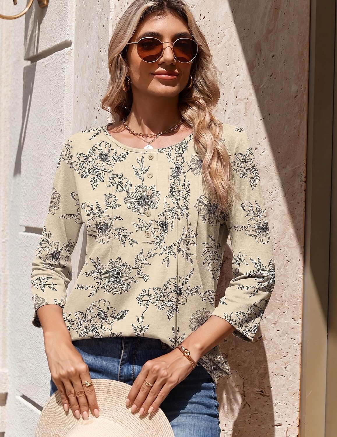 image:imageZeagoo 34 Length Sleeve Womens Tops Round Neck Casual Summer Tunic Tops Basic Tees Blouses Dressy TShirts Pleated ShirtsSp31