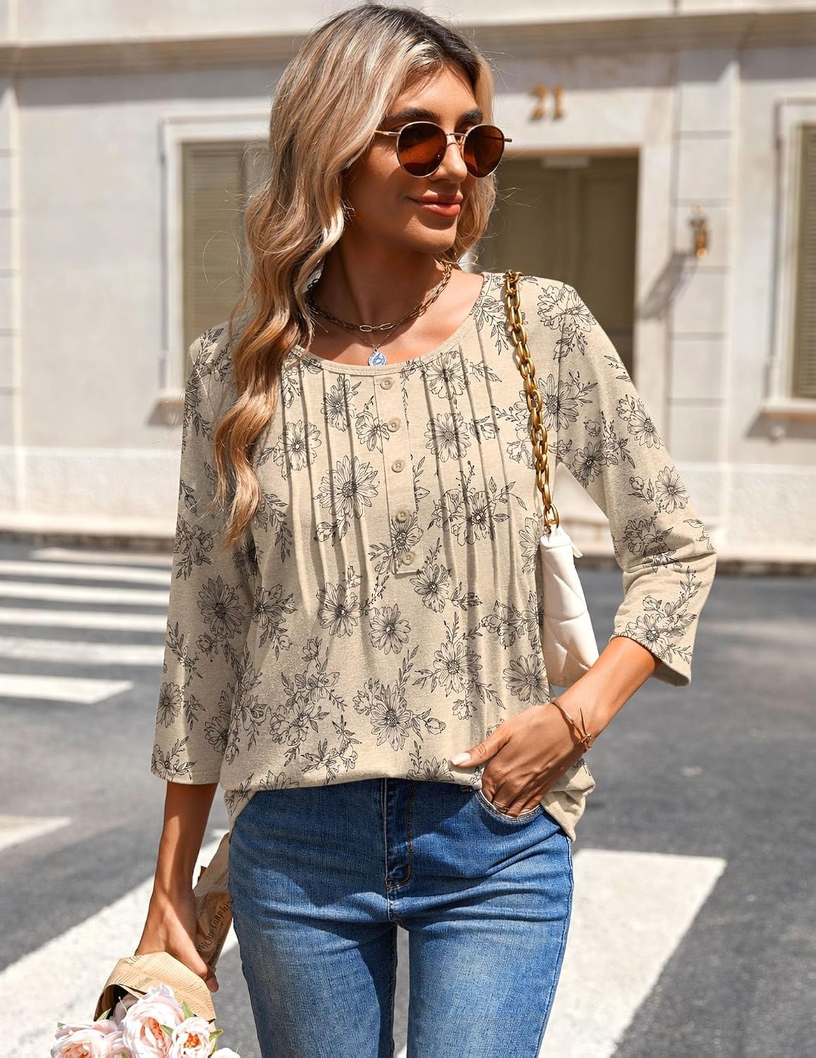 image:imageZeagoo 34 Length Sleeve Womens Tops Round Neck Casual Summer Tunic Tops Basic Tees Blouses Dressy TShirts Pleated ShirtsSp31