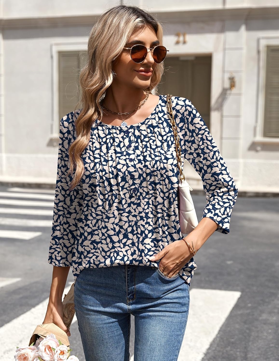 image:imageZeagoo 34 Length Sleeve Womens Tops Round Neck Casual Summer Tunic Tops Basic Tees Blouses Dressy TShirts Pleated ShirtsSp64