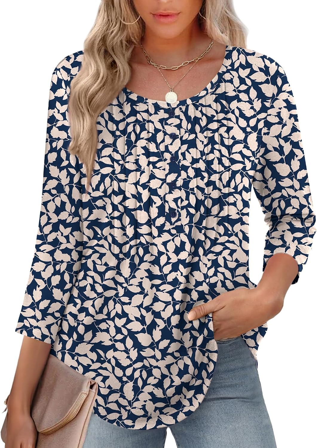 image:imageZeagoo 34 Length Sleeve Womens Tops Round Neck Casual Summer Tunic Tops Basic Tees Blouses Dressy TShirts Pleated ShirtsSp64